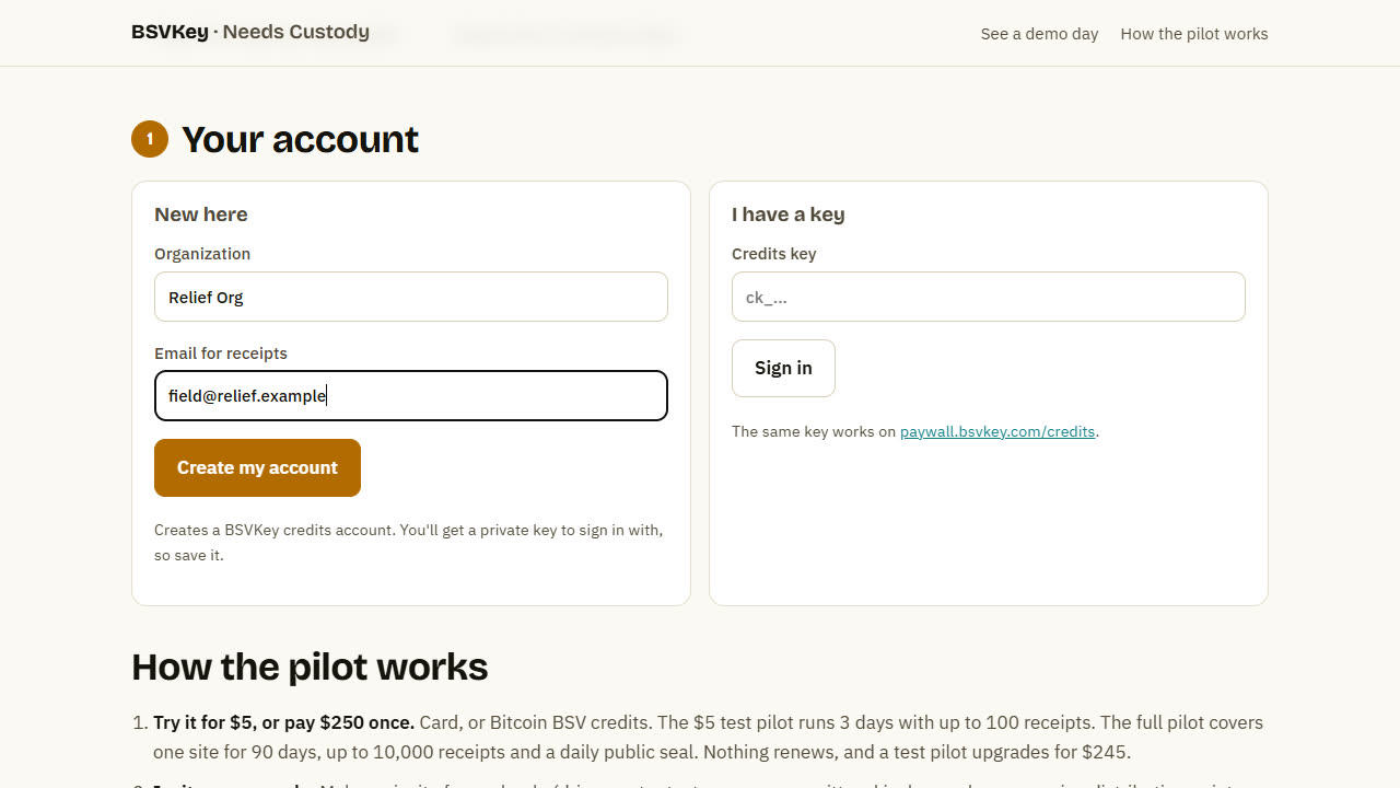 The account form with organization and email filled in