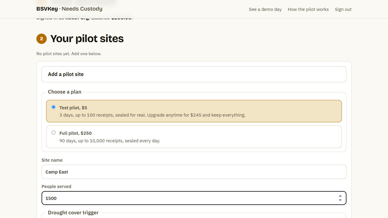 Plan choice with the $5 test pilot selected, and the site name and people fields
