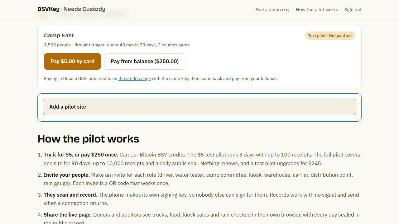 A test pilot waiting for payment, with Pay by card and Pay from balance buttons
