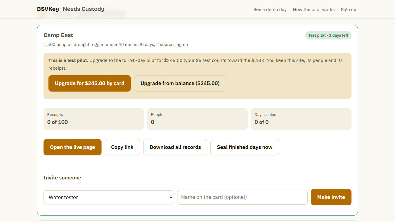A running test pilot with the upgrade panel, stats, and links to the live page and records