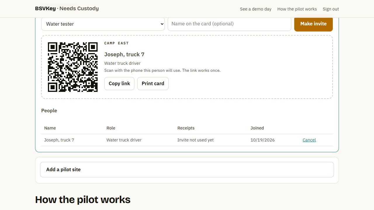 An invite card with a QR code for Joseph, truck 7, water truck driver