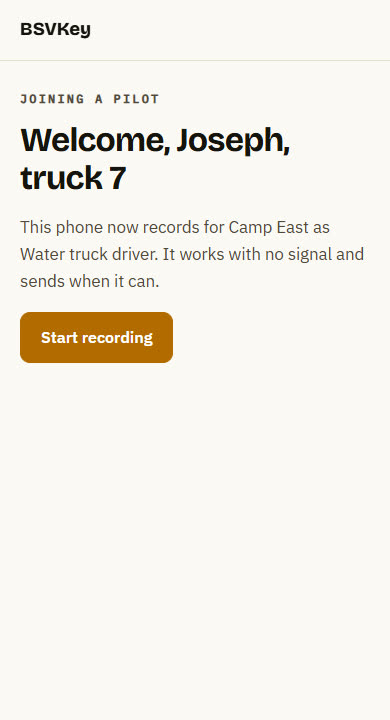Phone screen: Welcome, Joseph, truck 7, with a Start recording button