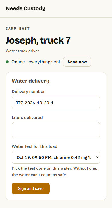 Phone screen: water delivery form for the driver