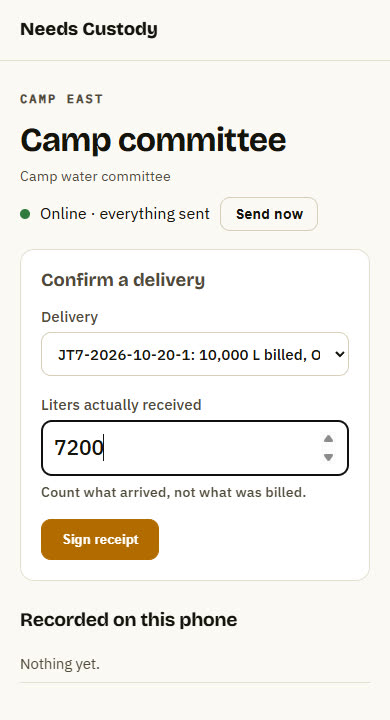 Phone screen: camp committee confirming 7,200 liters received
